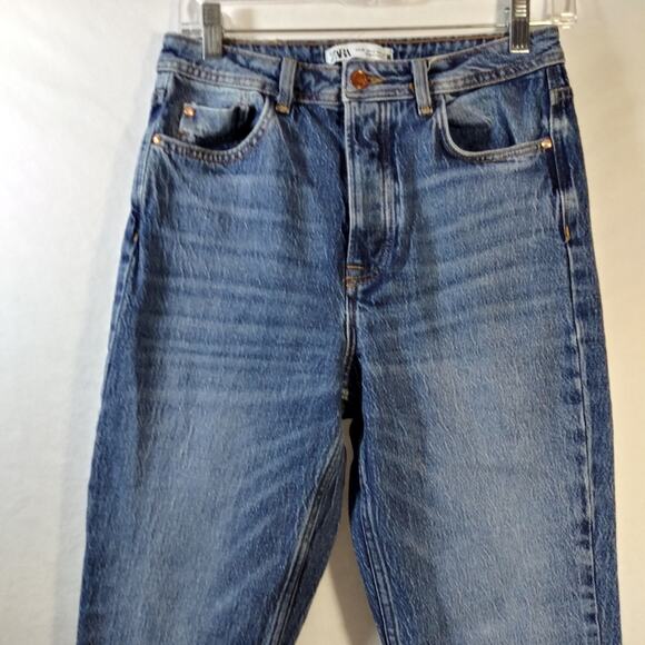 Zara Blue High Rise Button Fly Raw Hem Jeans Size 4 - Picture 4 of 8